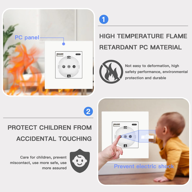 BSEED M1 Series EU Wall Socket USB Type-C Port Outlets Double Plastic Frame Sockets Triple Power Plugs Kids Protection 16A