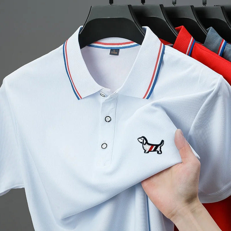 Summer New Men Short-Sleeved Polo Shirt Lapel Color Blocking Dog Embroidery Business Casual Polo Shirt Ventilate Men's Clothing