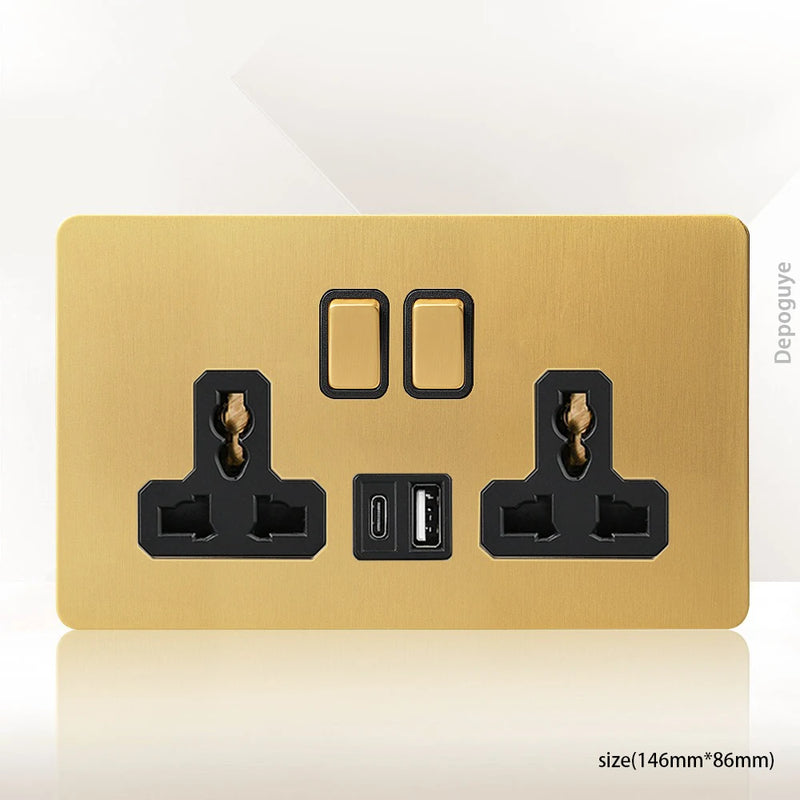 Gold Wall Light Toggle Switch Vintage Brass Lever Stainless Steel Panel,EU FR Universal USB C Socket 1-4 Gang 2Way Switch TV