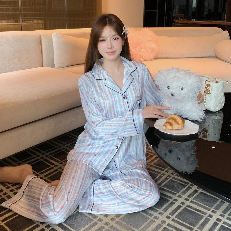 Floral Women's Ice Silk Lightweight Pajama Set Long Sleeve Top with Pants Spring/Fall Soft Silk Homewear Lounge Sleepwear Suit