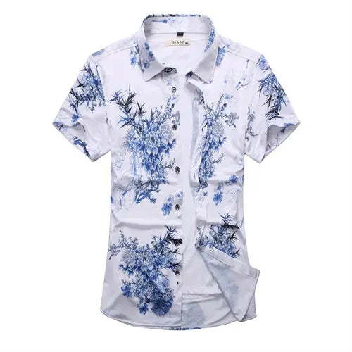 2026 Summer Men's White Short-Sleeved Printed Shirt, Blue Single-Breasted Lapel Shirts, Asian Sizes M-7XL.