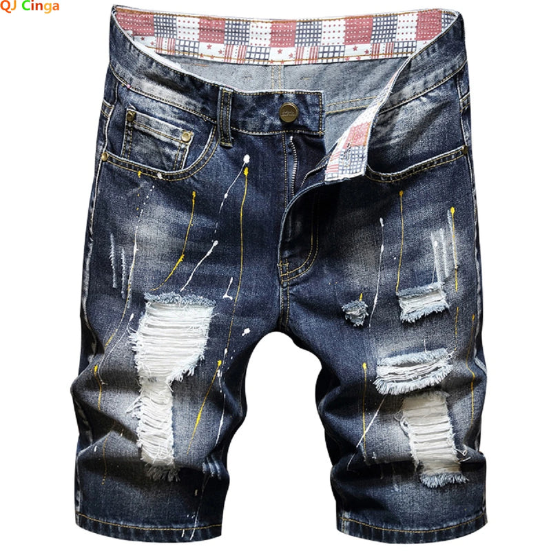 2026 Summer Men's Blue Ripped Jeans Shorts, Fashion Casual Denim Shorts, Plus Size 28-34 36 38 40 Men Slacks