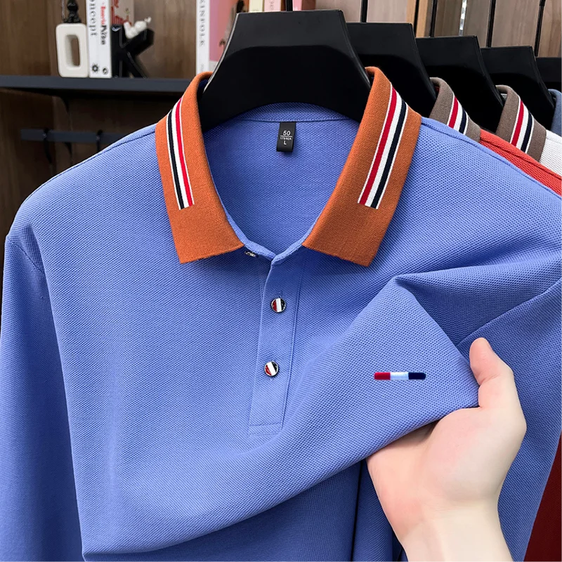 100% Cotton Man Long-Sleeved Polo Shirt Lapel Button Color Blocking Exquisite Pattern Embroidery Autumn New Leisure Polo Shirt