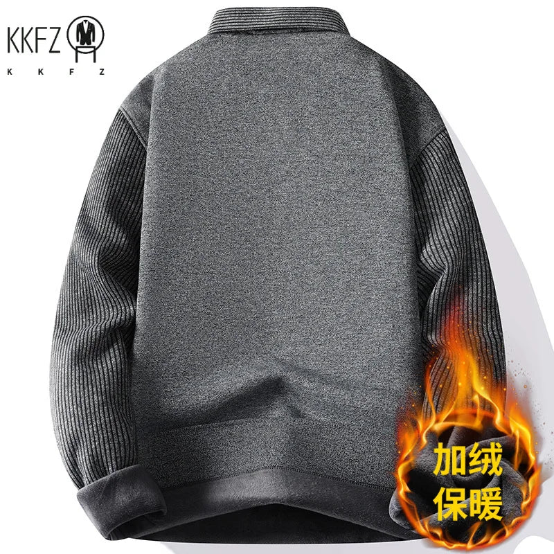 Thermal Knitted Top For Men Fake Two Piece Waistcoat Style Stretch Striped Sleeve Shirt Collar Daily Wear Base Layer Outfit