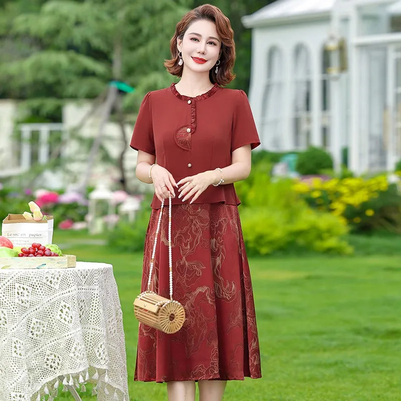 រ៉ូបពីរដុំក្លែងក្លាយ រ៉ូប Chiffon រ៉ូបនារីរដូវក្តៅ ម៉ូដស្លីម សូត្រ Satin ដេរដោយដៃខ្លី រ៉ូបម្តាយបោះពុម្ព A Line