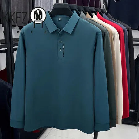 Spring Autumn Mens Lapel Polo Tops High Elastic Wrinkle Resistant Material Simple Chest Letter Print Slim Fit Menswear