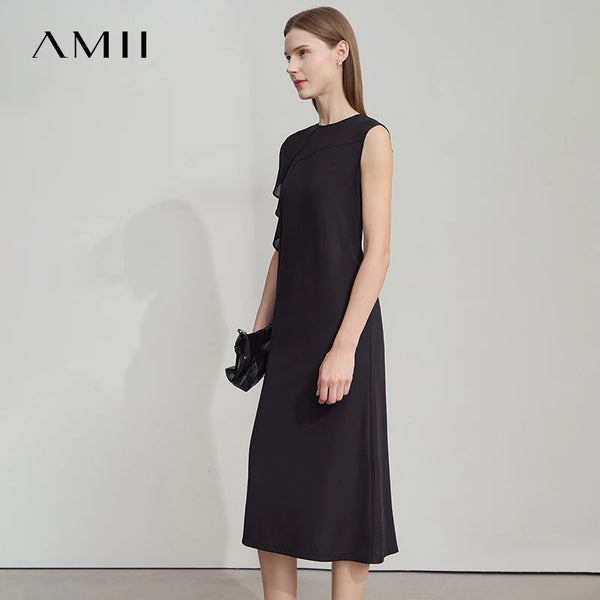 AMII រ៉ូបរដូវក្តៅបារាំងថ្មីសម្រាប់ស្ត្រី កមូលរាងមូល រំយោល សម្ភារៈរំយោល ដៃអាវគ្មានដៃ រ៉ូបសម្រាប់ស្ត្រី ងាយស្រួលប្រើ 12552021