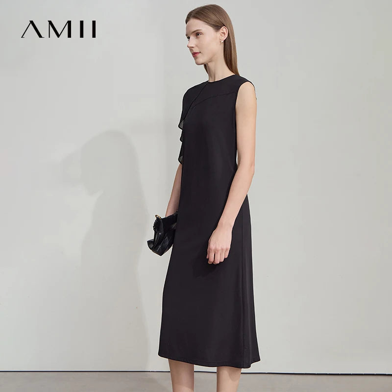 AMII រ៉ូបរដូវក្តៅបារាំងថ្មីសម្រាប់ស្ត្រី កមូលរាងមូល រំយោល សម្ភារៈរំយោល ដៃអាវគ្មានដៃ រ៉ូបសម្រាប់ស្ត្រី ងាយស្រួលប្រើ 12552021