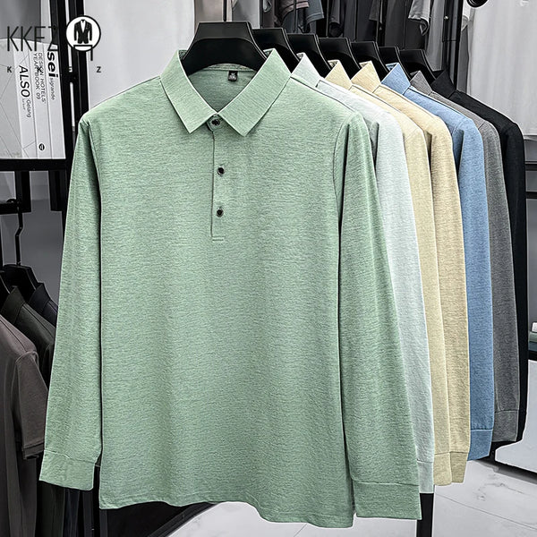 Mens Classic Heather Polo T Shirt Lapel Style Long Sleeve Button Placket Comfort Top For Daily Work And Outdoor Wear