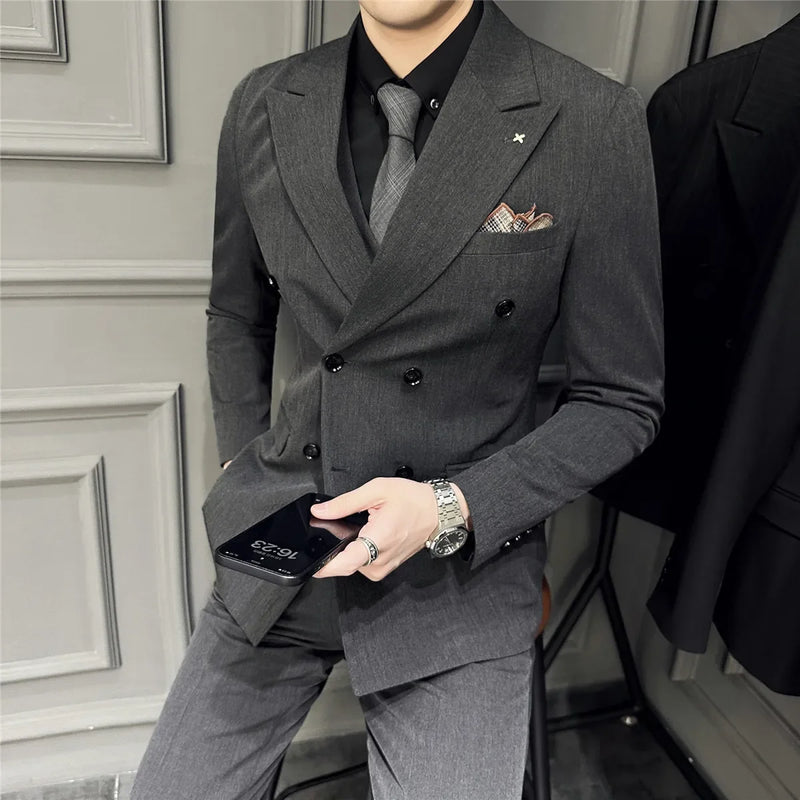 Men's Luxury Double-Breasted Suit Set (Jacket, Vest & Pants) - Stretch Fabric Business Casual Blazer with Extended Sizes S-7XL