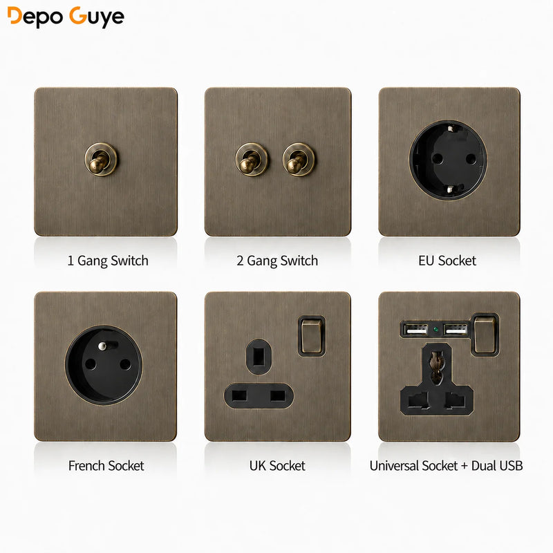 Retro Eu Metal Panel Wall Toggle Light Switch Socket,Bronzed Antique Stainless Steel German 16A Socket with USB Phone Charging