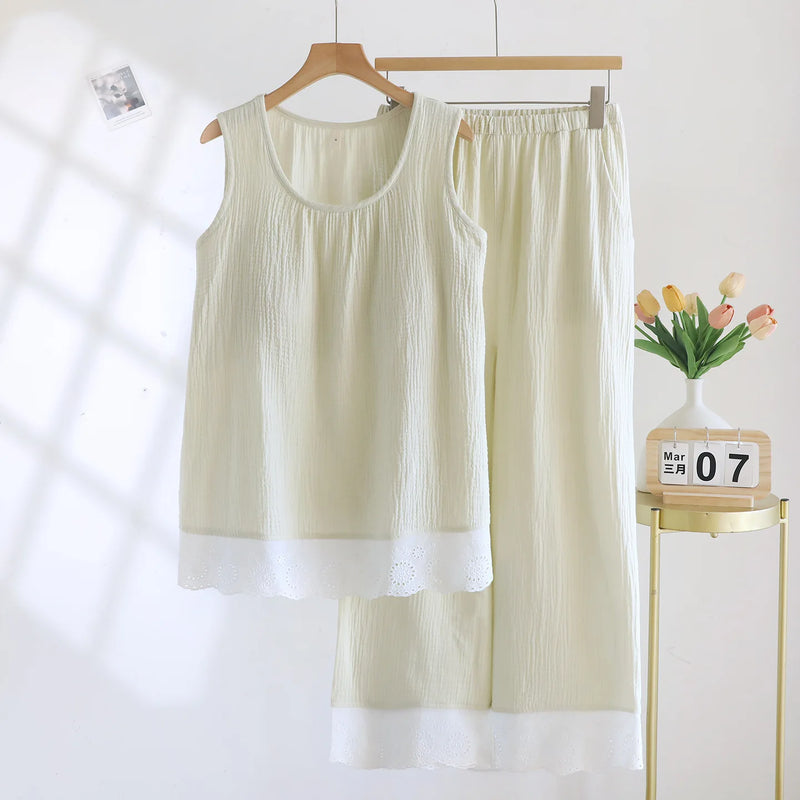 Two Piece Thin Sleeveless Pajamas Woman Summer Sleepwear Cotton Home Suit Sleep Loose Lounge Pijama Wear Women's Home Clothes