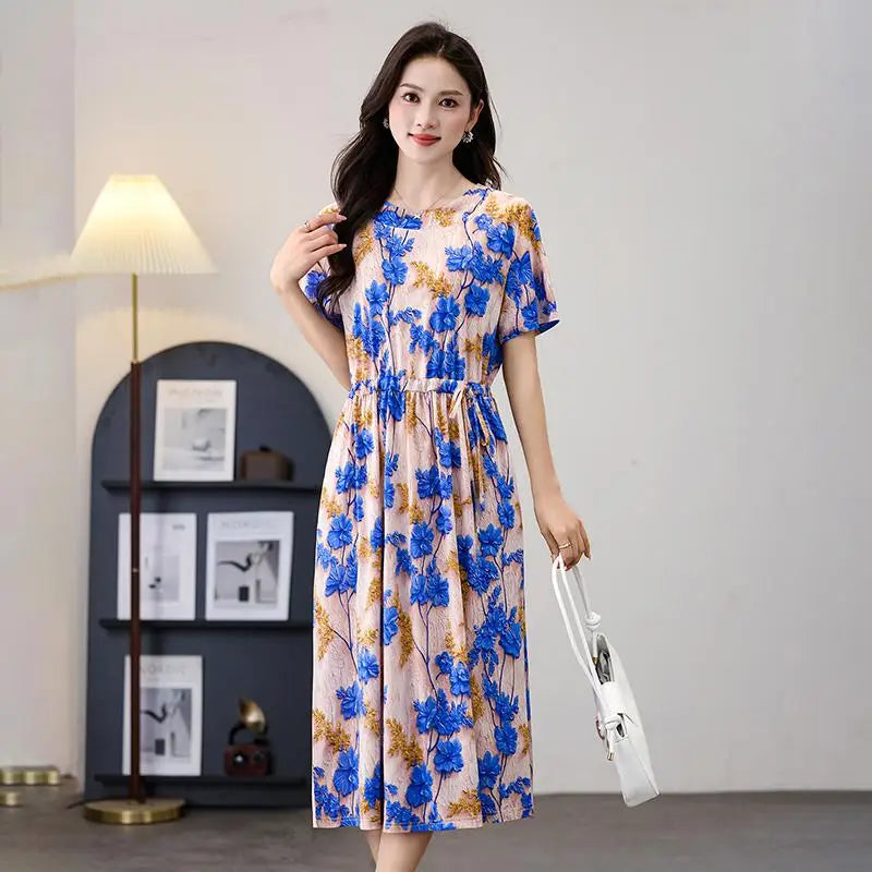 រ៉ូប ផ្កា បោះពុម្ព បែប វីនថេច សម្រាប់ នារី រលុង ស្ដើង ទាន់សម័យ បែប ម្តាយ ធម្មតា ដៃខ្លី ប្រវែងមធ្យម