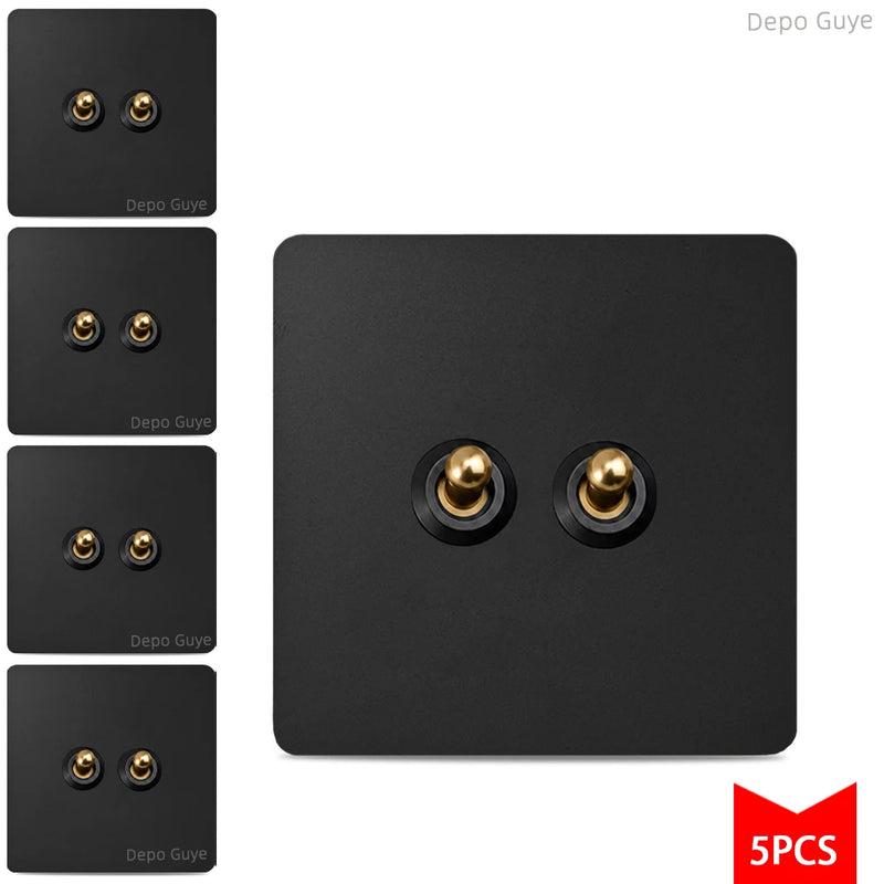 5/10PCS EU Standard Toggle Wall Switch Black Stainless Steel 1-4Gang 2Way Light Brass Lever Switch Panel For Home Improvement
