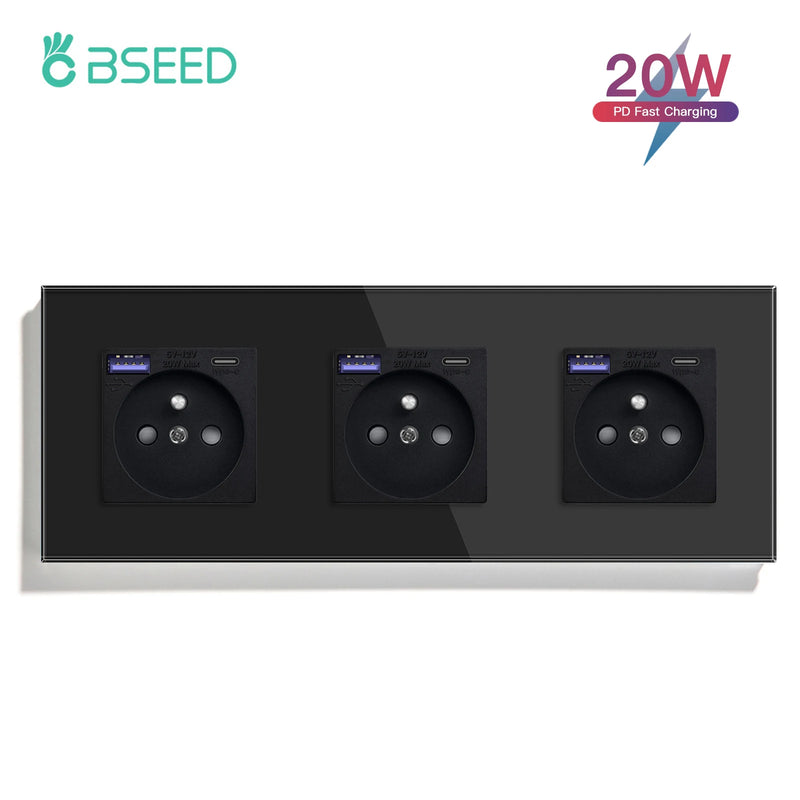BSEED French Standard 20W Fast Charge Port Wall Power Socket Double France USB Type-C Electrical Outlets Crystal Glass Frame 16A