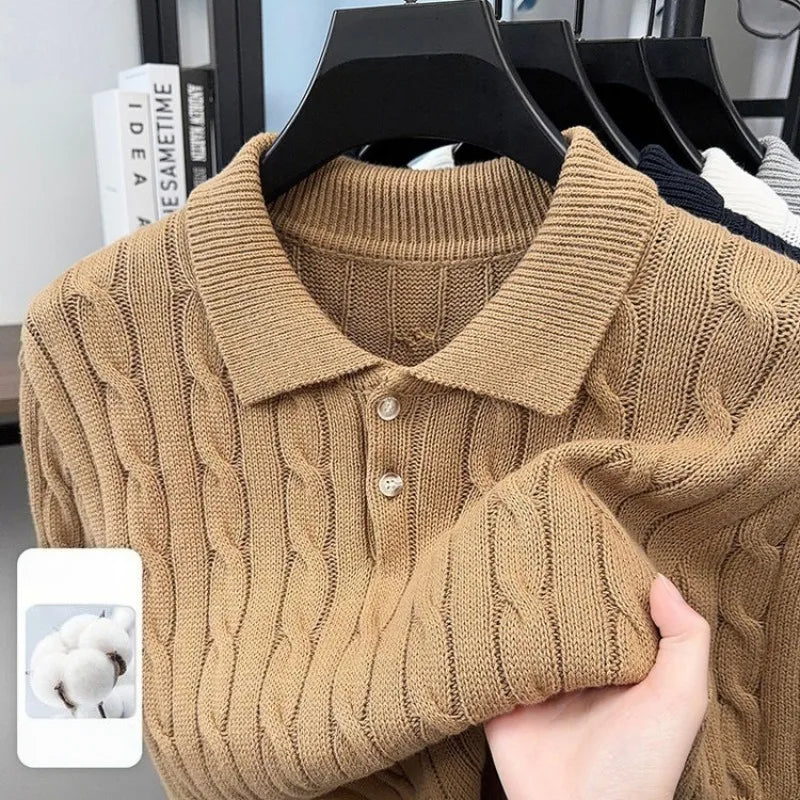 Men's Vintage Cable Knit Short Sleeve Polo Sweater 100% Cotton Retro Turn-down Collar Casual Pullover