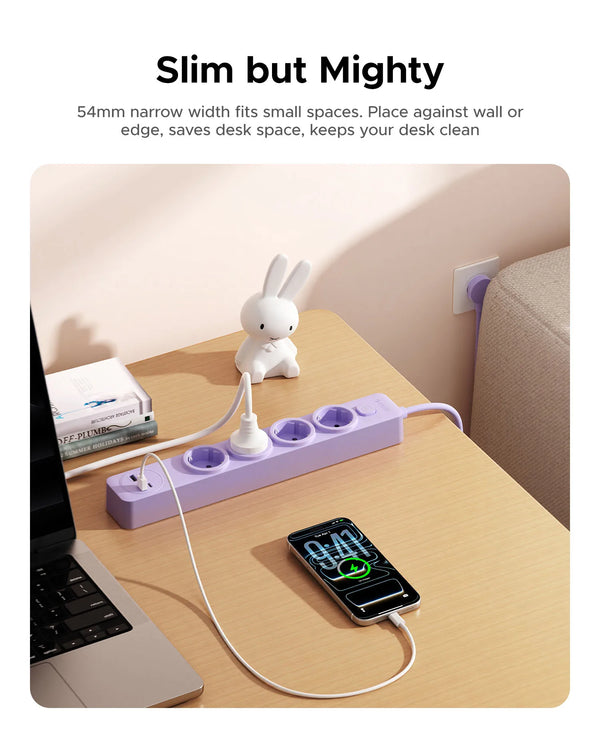 ORICO EU SlimBar Series Multiple GaN 65W Desktop Power Strip Type C USB-A PD Fast Charging 4 AC Outlet Socket 2M Extension Cord