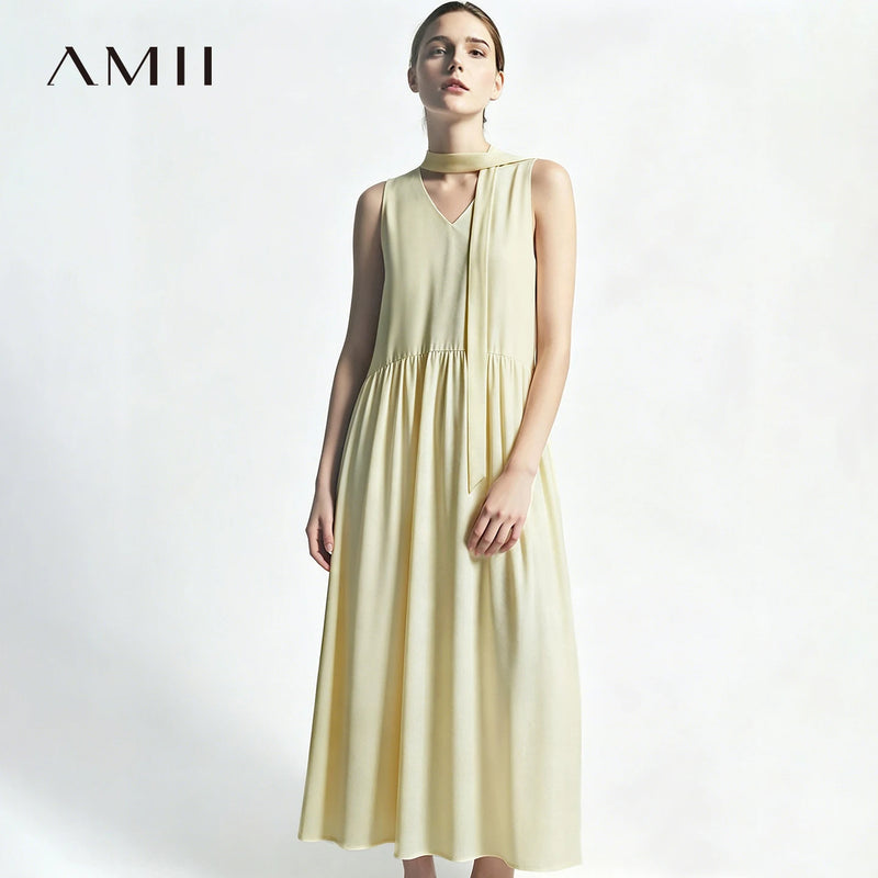 Amii Women's Dress 2026 Summer New V-Neck Tie Low Waist Sleeveless A-Line Midi Dress Holiday Casual Flowy Woman Clothes 12652073