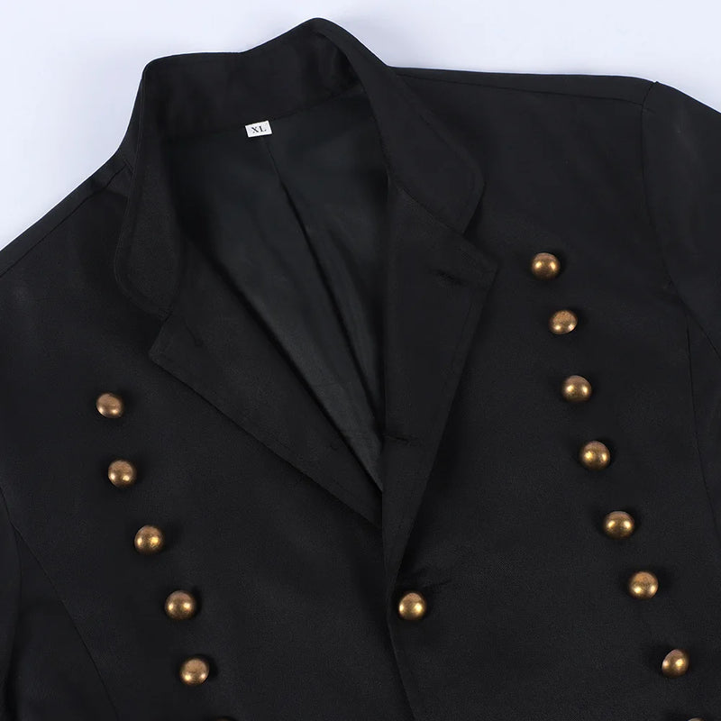 2026 New Arrival Men's Black Tuxedo, Triple-Breasted Green Patchwork Long Jacket, Vintage-Style Outerwear.