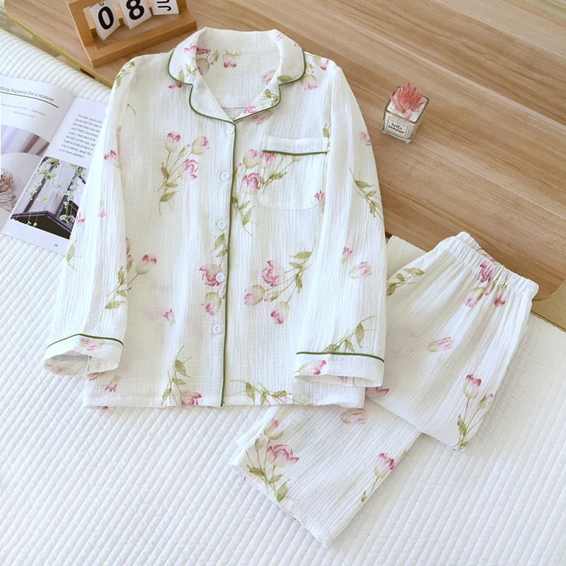 2026 Spring and Autumn Women's Pajama Set 100% Cotton Crepe Long sleeved Pants Two piece Cute and Sweet Ladies Home Fury Set