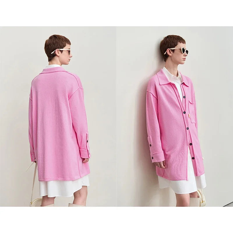 អាវក្រៅ Amii Minimalism រដូវស្លឹកឈើជ្រុះឆ្នាំ ២០២៤ សម្រាប់ស្ត្រី Lapel Drop Shoulder Shirt អាវប៉ាក់វែងរលុងសម្រាប់ Streetwear អាវយឺតនារី 12453071