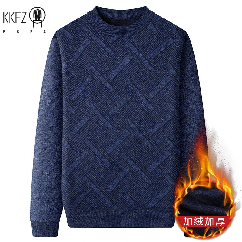 Street Style Male Knit Sweater Geometric Interlaced Stripe Pattern Comfortable Crew Neck Daily Outing Long Sleeve Top