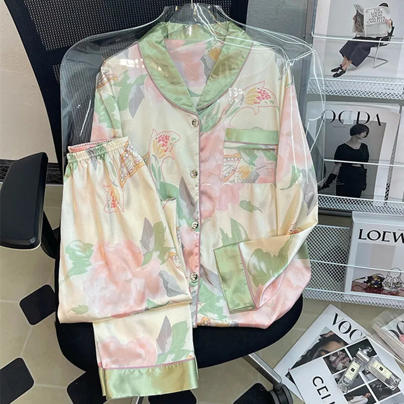 Spring Summer Fresh Printed Women's Pajamas Set New Silk Satin Sleepwear Suit Casual Nightwear Home Wear Female Pyjamas