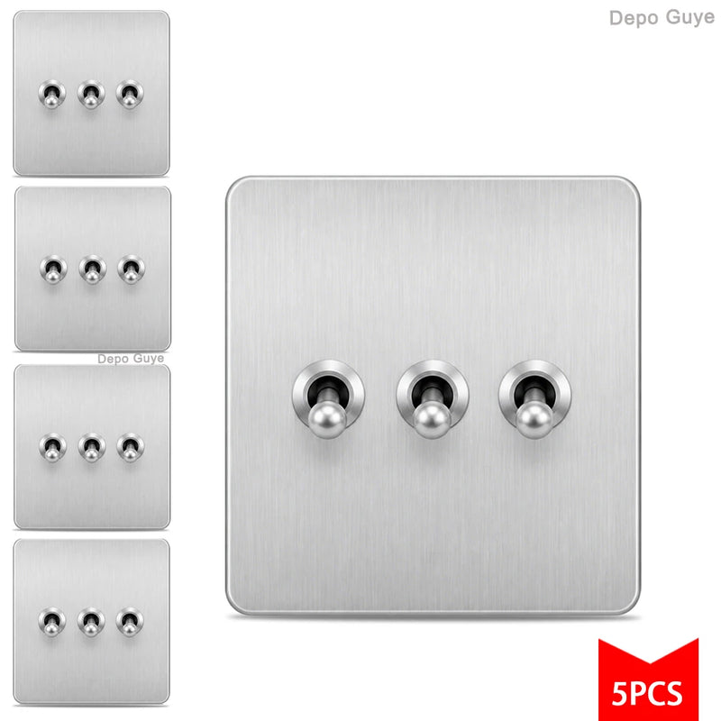 5/10PCS Toggle Wall Switch Grey Stainless Steel ,1/2/3/4 Gang 2Way Light Brass Lever Switch Panel For Home Improvement