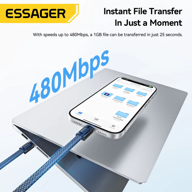 ខ្សែសាក Essager 60W ប្រភេទ C ទៅប្រភេទ C សម្រាប់ iPhone 17 16 PD 30W ខ្សែសាកលឿនសម្រាប់ iPhone 15 14 13 12