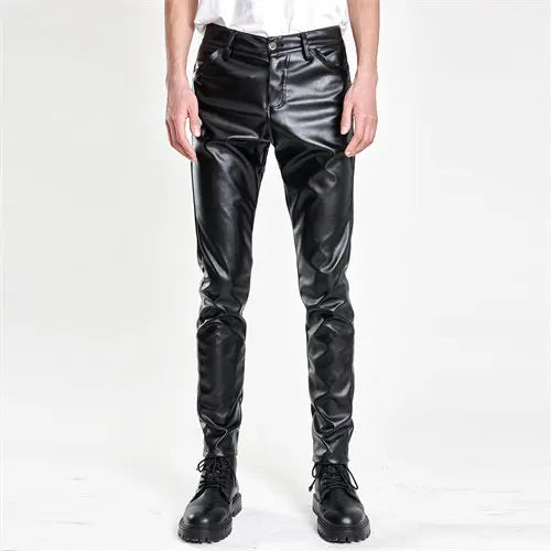 2026 Bright Green Men's Biker Leather Pants, Fashion Slim Stretch PU Pants Red Blue Black Gray Men Pant Plus Size 28-36 38 40