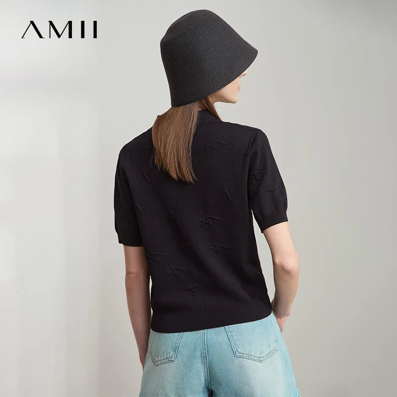 អាវយឺតដៃខ្លី Amii Minimalist សម្រាប់នារី រដូវស្លឹកឈើជ្រុះ ឆ្នាំ២០២៦ ថ្មី POLO ក អក្សរ Jacquard អាវច្រើនមុខងារ 12542136
