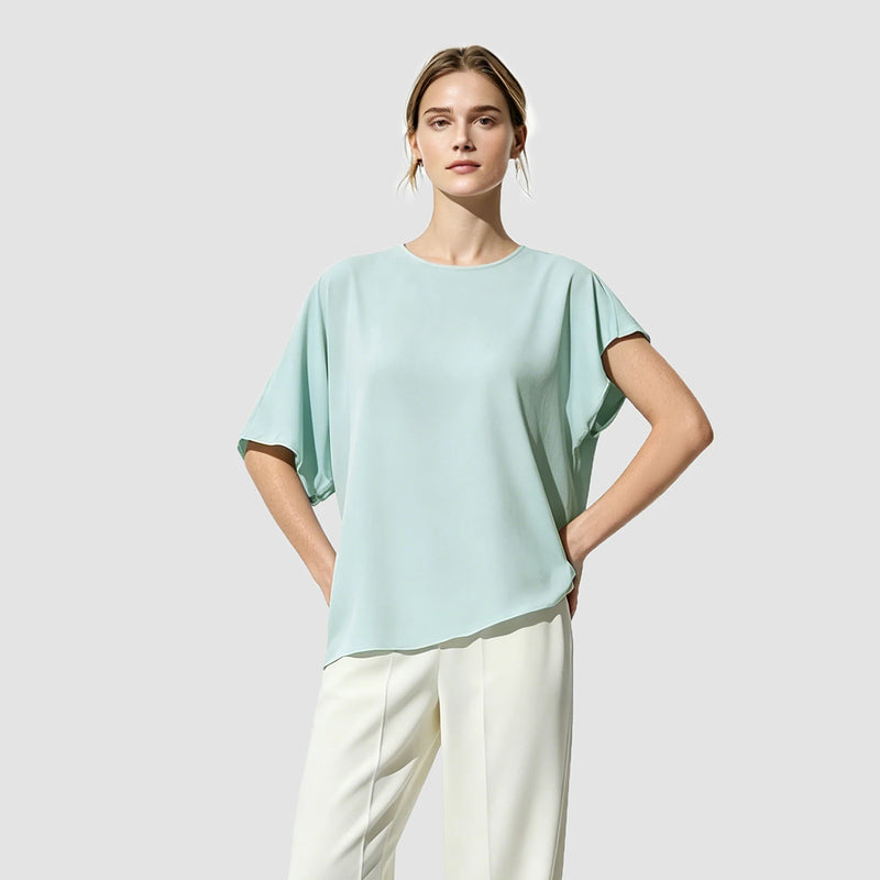 Amii Women's Blouse 2026 Summer New O-Neck Tie Detail ChiffonTop Asymmetric Dolman Sleeve Simple Office Loose Blouse 12642054