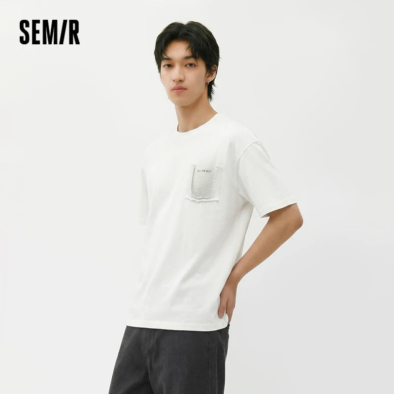 Semir Mens Tshirt 2026 Vintage Washed Printed Knitted Fake Pocket Loose Crew Neck Casual Fashion Soft