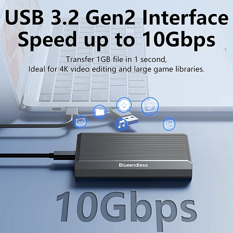 ប្រអប់ដាក់ SSD ខាងក្រៅ Blueendless Dual Bay M.2 NVMe SSD ប្រភេទ USB3.2 Gen2 10Gbps Type-C 2230 2242 2260 2280 ធ្វើពីអាលុយមីញ៉ូម