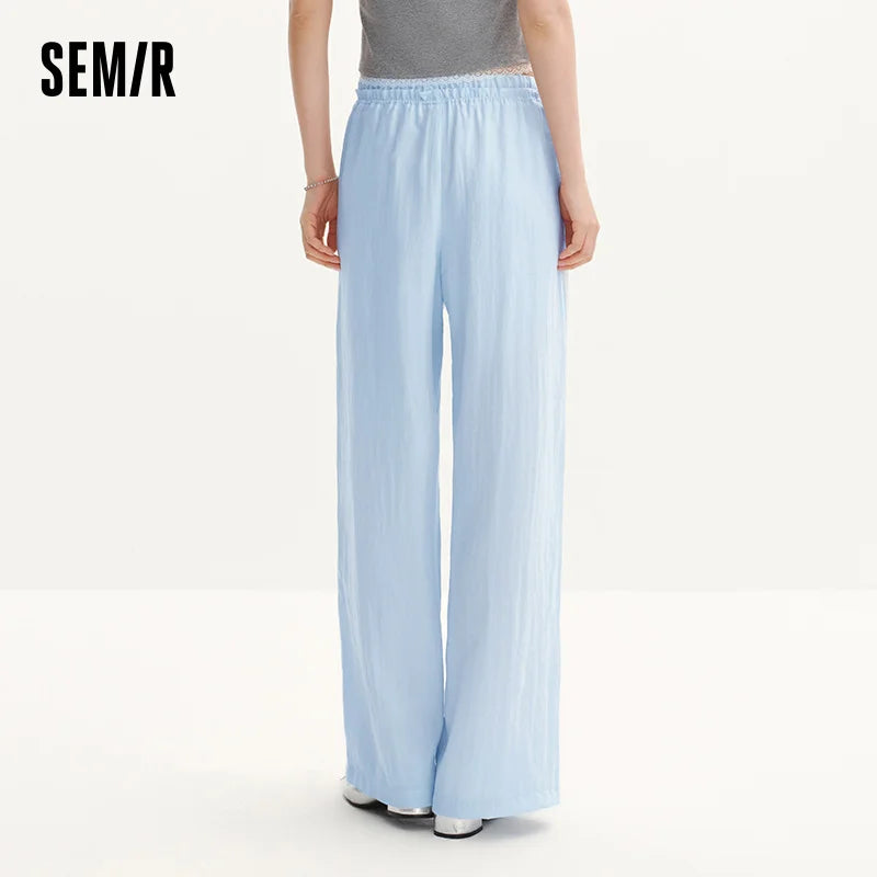 Semir Women Pants Textured 2026 Solid Ruffle Trim Elastic Waist Wide Leg Urban Casual Everyday Style Soft Comfortable