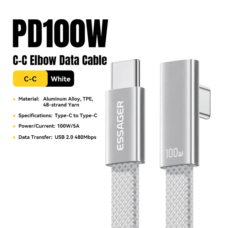 ខ្សែសាក Essager Elbowed 100W USB Type C សម្រាប់ iPhone 17 16 Pro សាកលឿន Type C សម្រាប់ iPad MacBook Pro Xiaomi Samsung Huawei