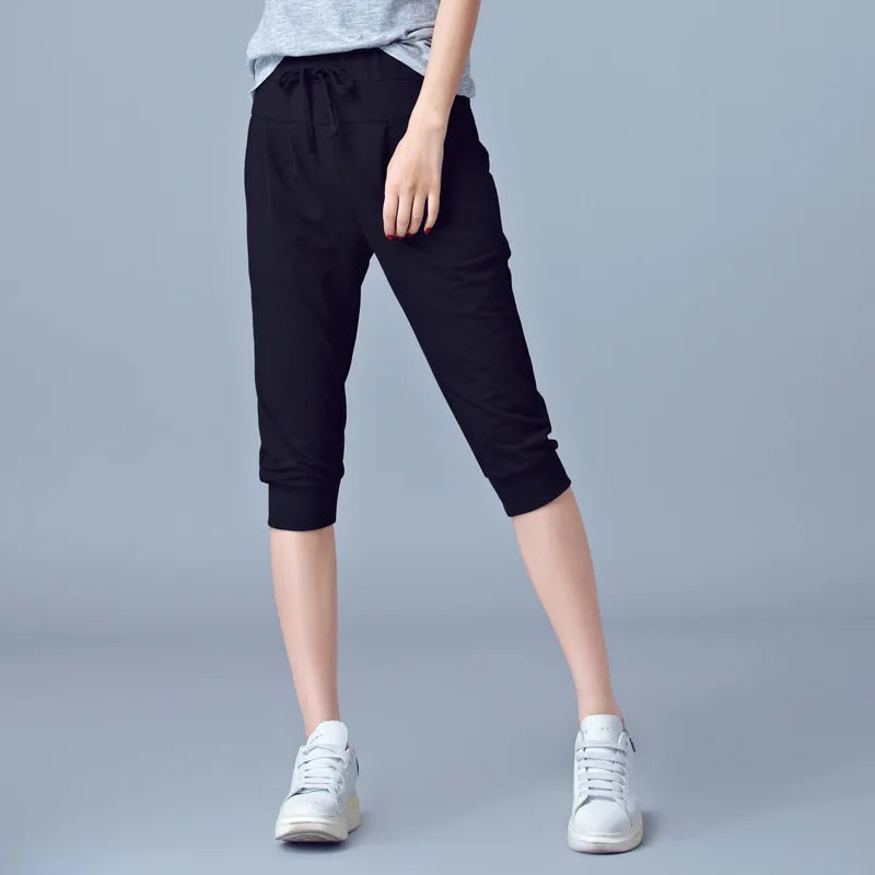 Women Blue High-waisted Stretch Cropped Pants, Summer Gray Lightweight Athletic Harem Pants, Black Drawstring Shorts, Asian Size