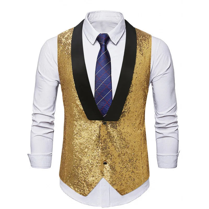 Men's Gold Sleeveless Vest Jacket with Sparkling Round Sequins; Perfect for Weddings, Parties, Performances Silver Waistcoat