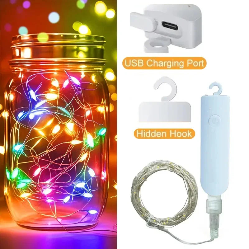 ភ្លើងខ្សែ LED 5M/20M ភ្លើង RGB ភ្លើងទេពអប្សរ 8 របៀប ភ្លើងពេលយប់ ភ្លើងចល័តប្រភេទ C អាចសាកបាន សម្រាប់ពិធីជប់លៀងបុណ្យណូអែល