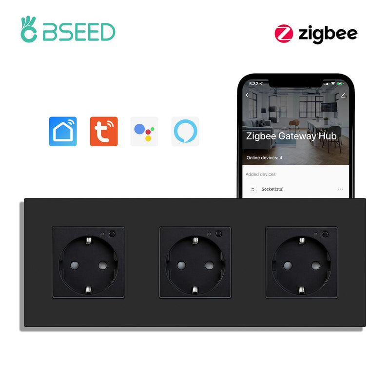 BSEED ZigBee Smart Socket Double Power Outlet Smart Wall Socket Plastic Frame Tuya Google Home Smart Life Control Blue Backlight