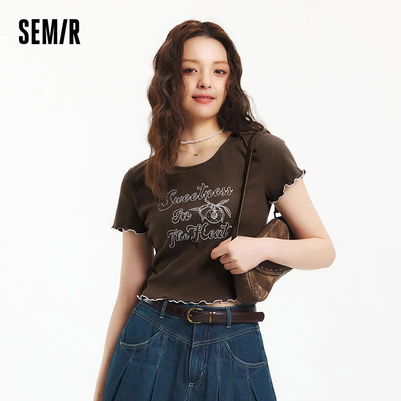 Semir Cut-Out Detail Short Sleeve T-Shirt Women Playful Lace Trim 2025 Summer New Floral Print Top