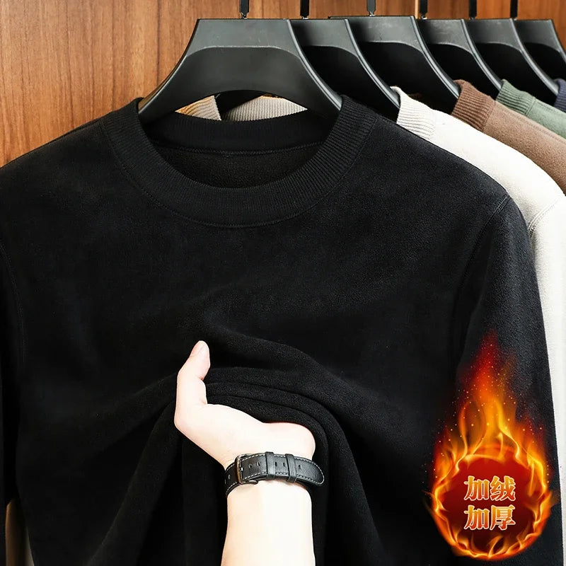 Men's Velvet Hoodie, Long Sleeve Round Neck Monochromatic Casual Versatile Top Autumn Winter Fashion