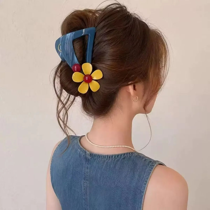 Retro Contrast Color Floral Shark Claw Clip 2026 New Elegant Unique Full Hair Clamp Women Hair Accessories For Updo Hairstyle