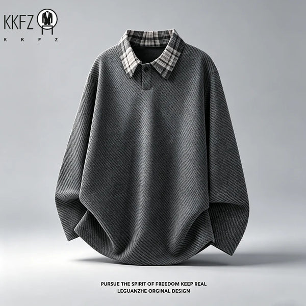 Autumn Mens Loose V Neck Corduroy Top Long Sleeve Plaid Contrast Collar Textured Material Casual Garment