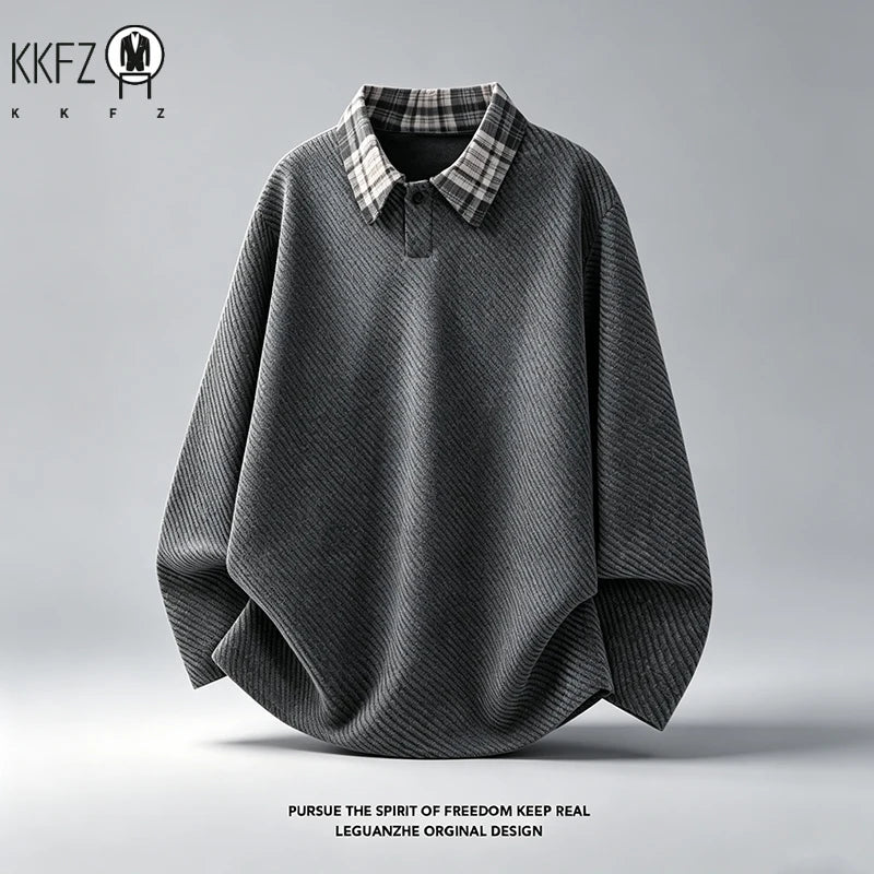 Autumn Mens Loose V Neck Corduroy Top Long Sleeve Plaid Contrast Collar Textured Material Casual Garment
