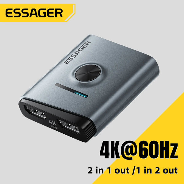 ឧបករណ៍ប្តូររូបភាព HD ពីរផ្លូវ Essager 2 ក្នុង 1 ចេញ 4K@60Hz ឧបករណ៍បំបែក HDMI ដែលឆបគ្នាសម្រាប់កុំព្យូទ័រ PS5 Xbox TV Box ម៉ូនីទ័រ ម៉ាស៊ីនបញ្ចាំង HDR 3D អាដាប់ទ័រ