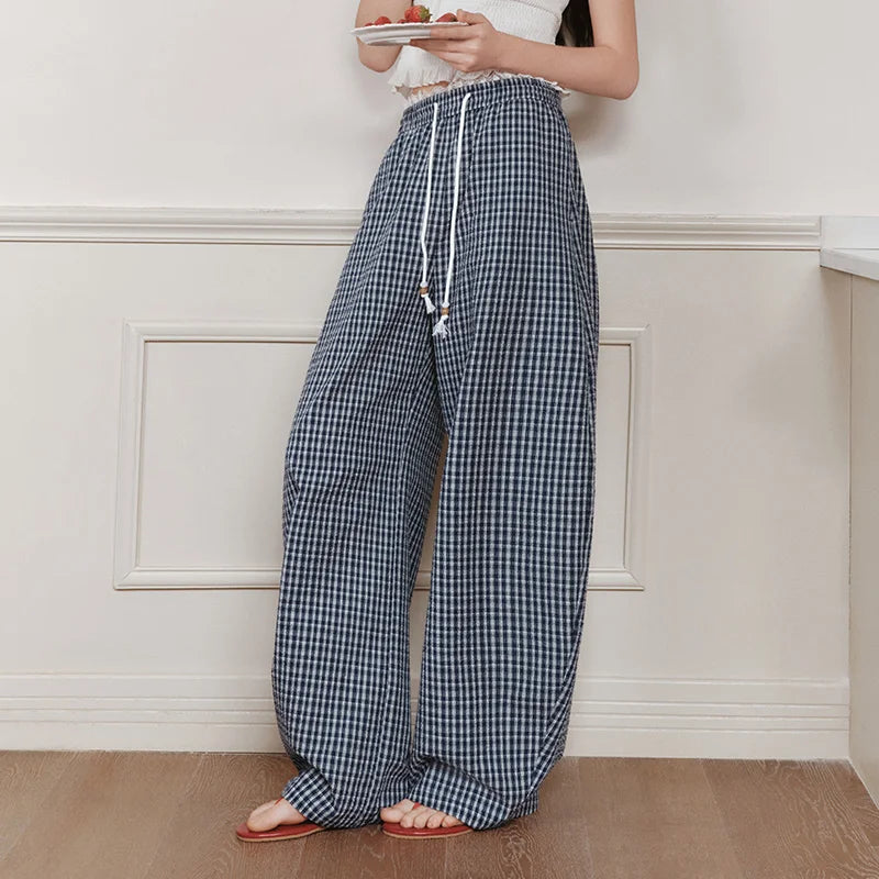 Semir Women Pants Textured Plaid Lace Trim Elastic Waist Loose Curved Summer 2026 Casual Long Trousers Bottoms Wear