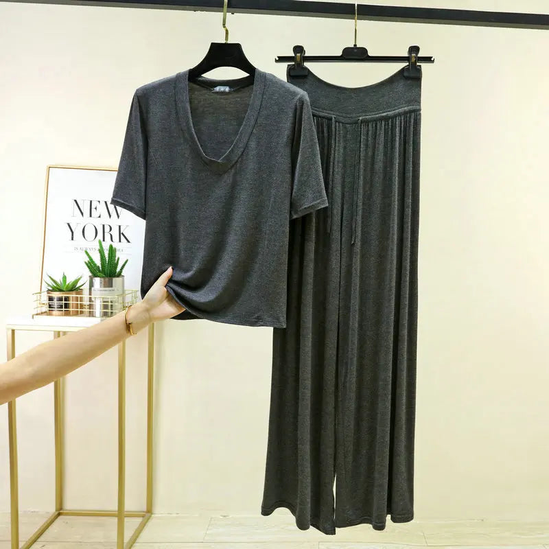 Soft Modal Sleepwear Women's Summer Pajamas Thin T Shirt Wide Leg Pants Set Loose Large Size Home Clothes  M-6XL Pijamas