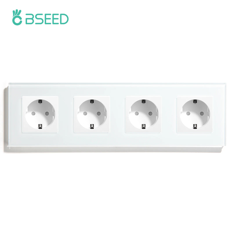 BSEED EU Standard Wall Sockets Single Power Outlets Double Frame Sockets Glass Panel Triple Plug Sockets Kids Protection 16A