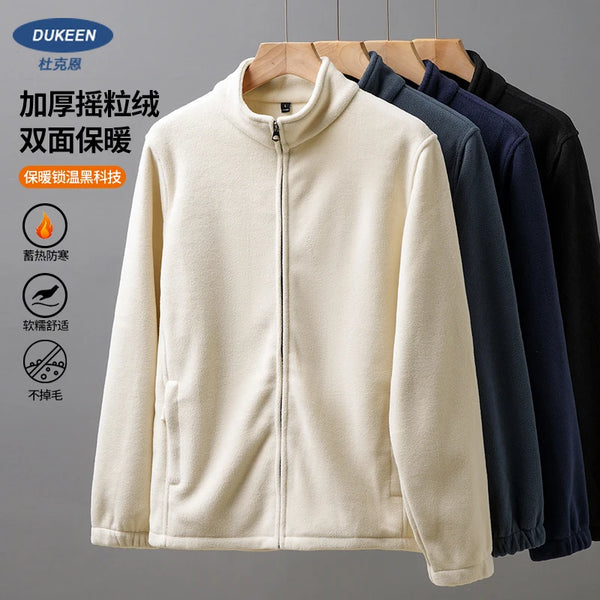 DUKEEN Double Fleece Stand Collar Jacket for Men Autumn and Winter New Basic Solid Color Zipper Warm Men's Coats